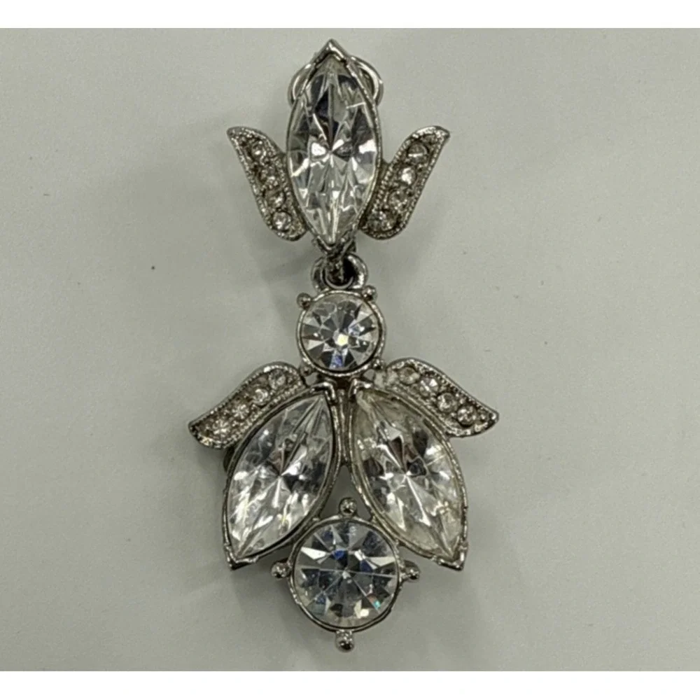 Vintage Eisenberg Ice Clip On Dangle Earrings Rhinestone Silver‎ Tone